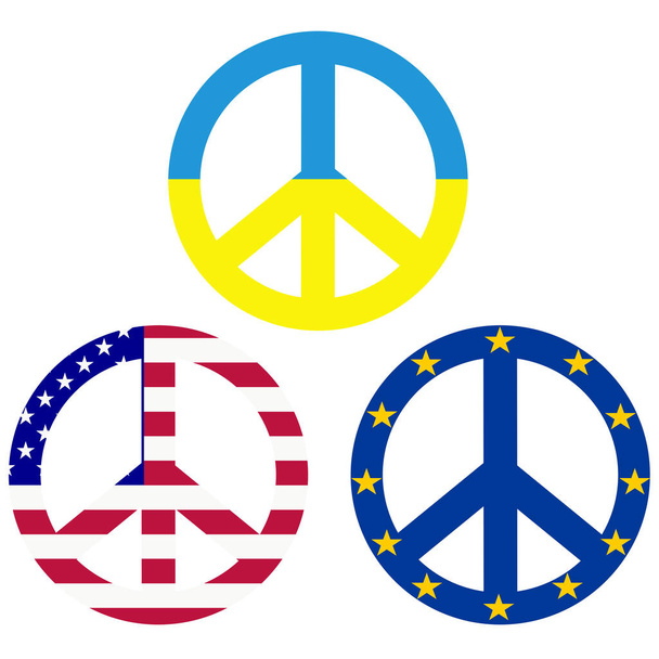 Símbolos de paz con banderas de Ucrania, Estados Unidos y la Unión Europea - Vector, Imagen