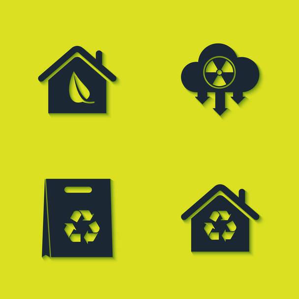 Set Eco friendly house, House with recycling, Shopping bag recycle and Acid rain and radioactive cloud icon. Vector. - Вектор, зображення