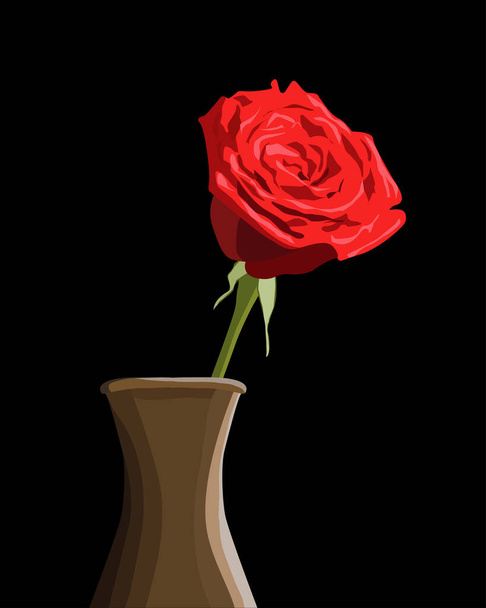 Red roses in a clay vase on a black background. Vector illustration. - Vetor, Imagem