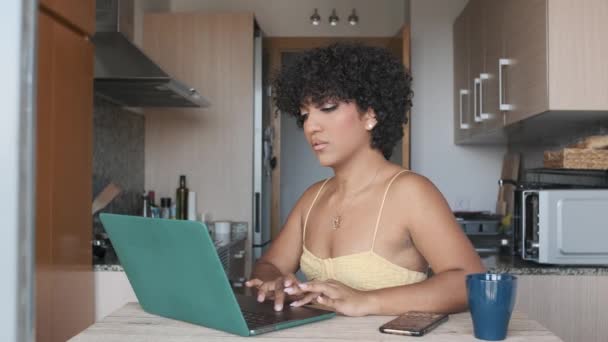 Mujer transgénero usando un ordenador portátil mientras está sentado en la cocina en casa. Tecnología y concepto de negocio. - Metraje, vídeo
