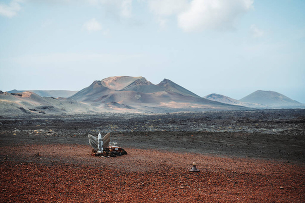 Timanfaya National Park landscape with an equipment measuring volcano's heat, Lanzarote, Canary Islands, Spain - 写真・画像