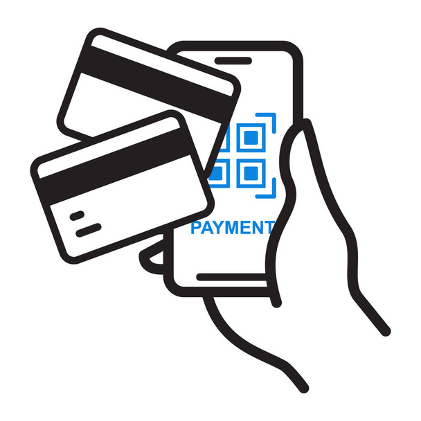 Mobile banking app and e-payment icon. Hand with smartphone and pay by credit card, vector illustration - Vector, Image