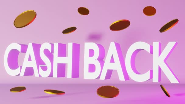 Cash back banner s plovoucími zlatými mincemi 3D animace fialové neonové světlo. Koncept úspory peněz bohatství, služba finanční náhrady, on-line nákupní bonus, propagace slev banner šablona. - Záběry, video