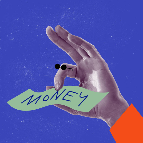 Contemporary artwork. Human hand holding money over blue background. Financial growth and profitability. Concept of surrealism, creativity, retro style, business, finances. Copy space for ad, poster - Foto, Bild