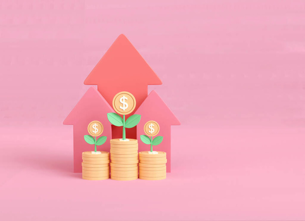 3d business investment arrow up and coin stack.  return on chart increases. vision for sustained financial growth. save money concept. Financial success goal. 3d render illustration minimal style. - Photo, Image