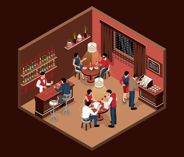 Ισομετρική έννοια εστιατόριο με τους ανθρώπους που έχουν δείπνο σε ζεστό εσωτερικό διάνυσμα εικονογράφηση - Διάνυσμα, εικόνα