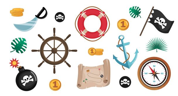 Set of pirate cartoon objects, set of icons. Collection of nautical adventure items. Flat vector illustration. - Vector, Image