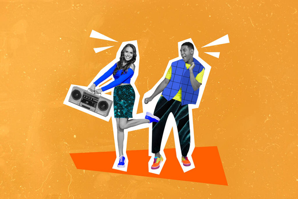 Collage image of two excited positive people black white gamma hold boombox enjoy dancing isolated on drawing background. - Foto, Imagen