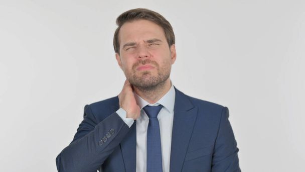 Young Adult Businessman with Neck Pain on White Background - Fotoğraf, Görsel