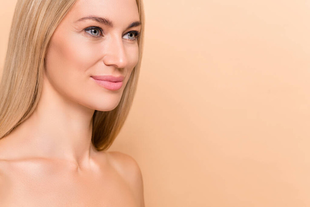 Profile side photo of lady look empty space dermatology healthcare solution advertise banner isolated over beige color background. - Φωτογραφία, εικόνα
