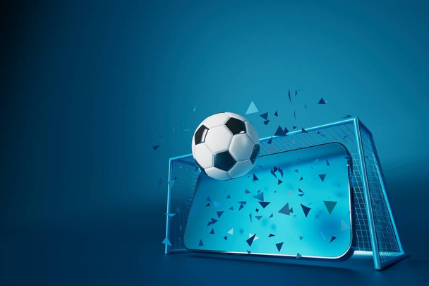 サッカーボールオブジェクト、スポーツボールデザイン、サッカー要素の概念、 3Dイラスト、抽象的なサッカー技術、スマートフォンのモバイル画面、緑の芝生のフィールド、オンラインスポーツライブ、カジノスポーツビジネス - 写真・画像
