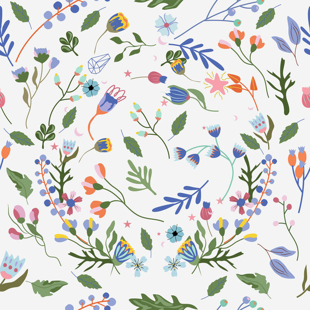 Seamless pattern with colorful wild flowers and leaves. Pastel pattern can be used as textile, fabric, wallpaper, banner and other. Vector illustration - Вектор,изображение