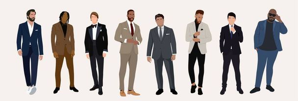 Conjunto de elegantes hombres de negocios que visten atuendo formal - traje o esmoquin. Colección de guapos personajes masculinos diferentes razas, tipos de cuerpo. Ilustración realista plana vectorial aislada sobre fondo blanco. - Vector, Imagen