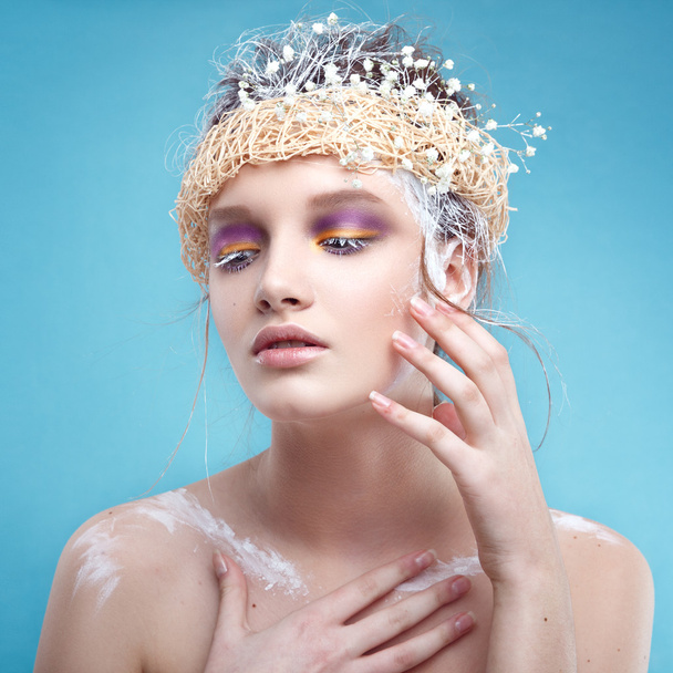 Winter beauty young woman portrait,model creative image with frozen makeup, with porcelain skin and long white lashes showing trendy, Ice-queen, Snow Queen, Easter - Φωτογραφία, εικόνα