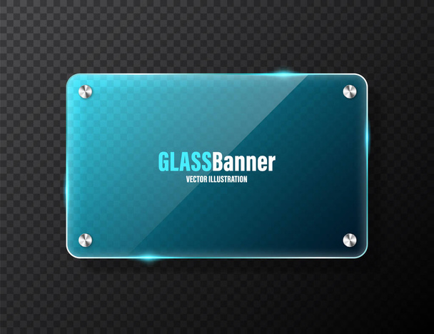 Realistic glass frame with metal holders. Blue transparent glass banner with flares and highlights. Glossy acrylic plate, element with light reflection and place for text. Vector illustration. - Vector, Image