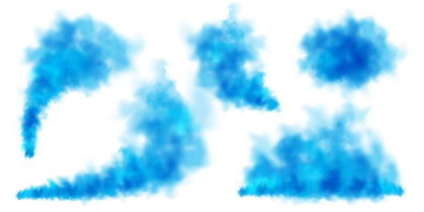 Beyaz arka planda izole edilmiş mavi renkli duman bulutları gerçekçi sis efektleri, sis. Havada buhar, buhar. Vektör illüstrasyonu. - Vektör, Görsel