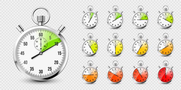Realistic classic stopwatch icons. Shiny metal chronometer, time counter with dial. Red countdown timer showing minutes and seconds. Time measurement for sport, start and finish. Vector illustration. - Вектор, зображення