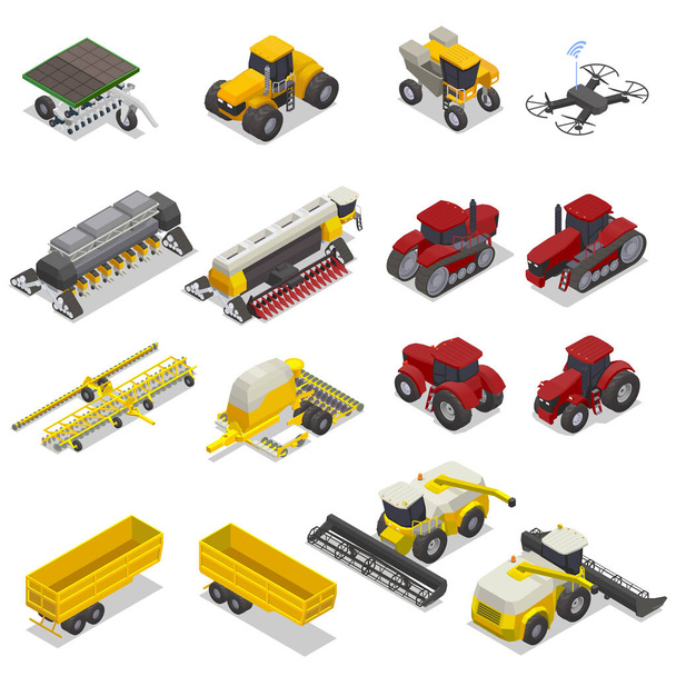 Set mit isolierten modernen Landmaschinen isometrische Symbole mit Mähdrescher schwere Traktoren und Planierraupen Vektor Illustration - Vektor, Bild