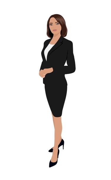 Όμορφη επιχειρηματίας στέκεται στην επίσημη στολή γραφείου - σκούρο κοστούμι με φούστα και ψηλά τακούνια. Ελκυστικός γυναικείος χαρακτήρας κινουμένων σχεδίων. Εικονογράφηση διάνυσμα ρεαλιστική απομονωμένη σε λευκό φόντο. - Διάνυσμα, εικόνα