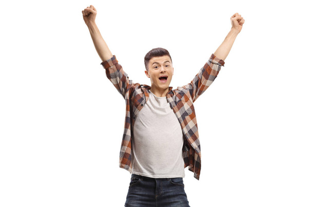 Excited guy cheering with happiness isolated on white background - Valokuva, kuva