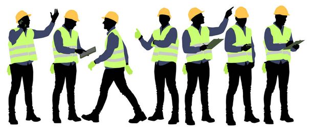 Set di silhouette di lavoratori con caschi. Illustrazione vettoriale in stile piatto isolato su bianco - Vettoriali, immagini