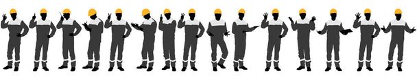 Conjunto de siluetas de trabajadores con cascos. Ilustración de estilo plano vectorial aislada en blanco - Vector, imagen