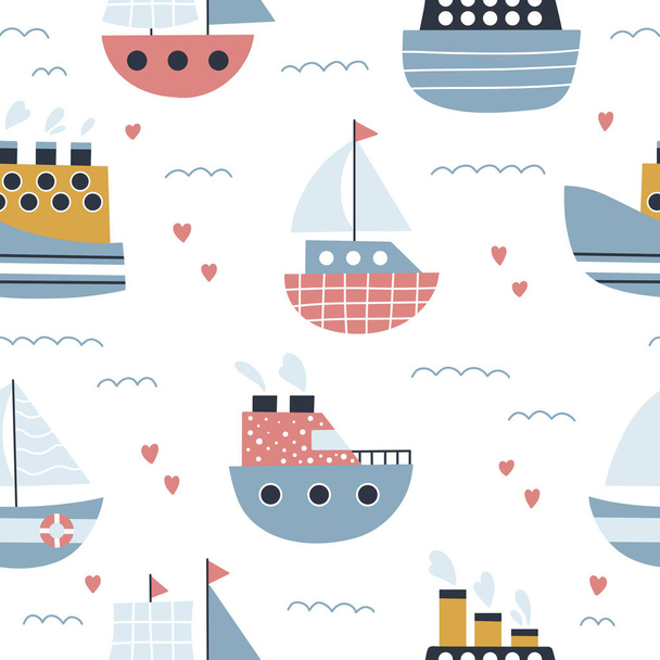 Childish seamless pattern with ships, sailboats, yachts with hearts on white background. Hand drawn doodle transportation. Marine vector illustration. - Вектор,изображение