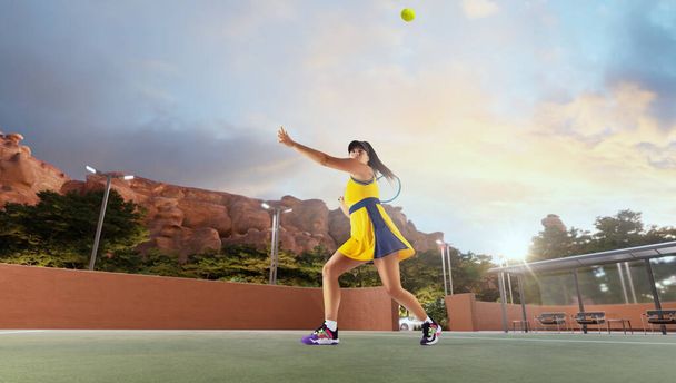 Mulher jogando tênis em quadra de tênis professonal - Foto, Imagem