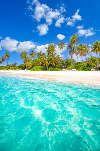Кращий краєвид літнього пляжу. Транквільський тропічний острів, райське узбережжя, морська лагуна, горизонт, пальми і сонячне небо над піщаними хвилями. Дивовижний пейзажний фон для відпочинку. Красивий пляж відпочинку
 - Фото, зображення