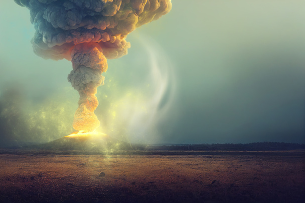 3D illustration. Nuclear war concept. Explosion of nuclear bomb. Creative artwork decoration in dark. Silhouette of a person against giant mushroom cloud of atomic explosion. Selective focus - Φωτογραφία, εικόνα