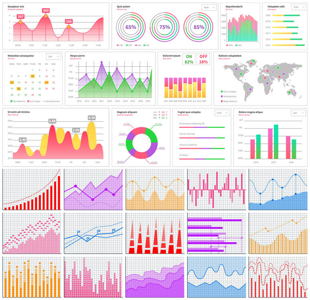 Infographic chart vector template. Annual statistics curve graph design. Market data diagrams. Graphic information visualization and analysis. Statistical indicators and frequency of data changes - Wektor, obraz