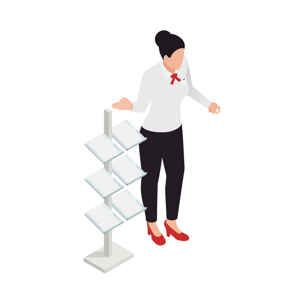 Isometric female character of promoter exhibition worker 3d vector illustration - Vector, Image