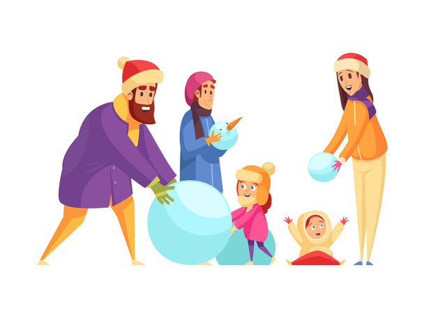 Gelukkig familie besteden actieve vakantie maken sneeuwpop met kinderen platte vector illustratie - Vector, afbeelding