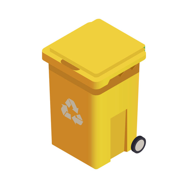 Gele vuilnisbak met recycle symbool 3d isometrische vector illustratie - Vector, afbeelding