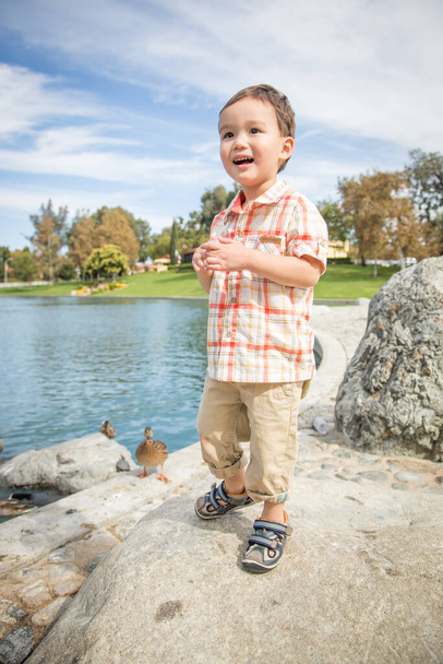 Young Chinese and Caucasian Boy Having Fun at the Park and Duck Pond. - Photo, Image