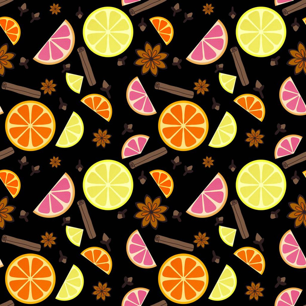 Winter warm mulled wine ingredients seamless doodle cartoon lemon pattern for wrapping paper and clothes print and fabrics and kitchen textiles and menu and packaging. High quality illustration - Foto, Imagen