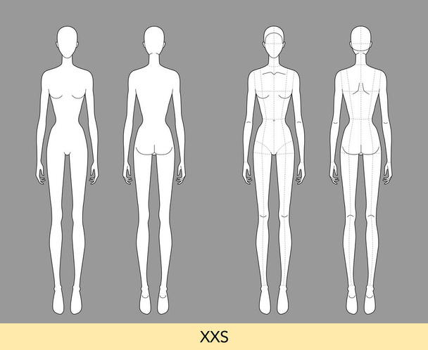 Set von XXS-Größe Women Fashion Template 9 Kopfgröße Croquis Lady Modell dünne Figur von vorne, Rückseite. Vektor isolierte Skizze Umriss Junge Mädchen für Modedesign, Illustration, technische Zeichnung - Vektor, Bild