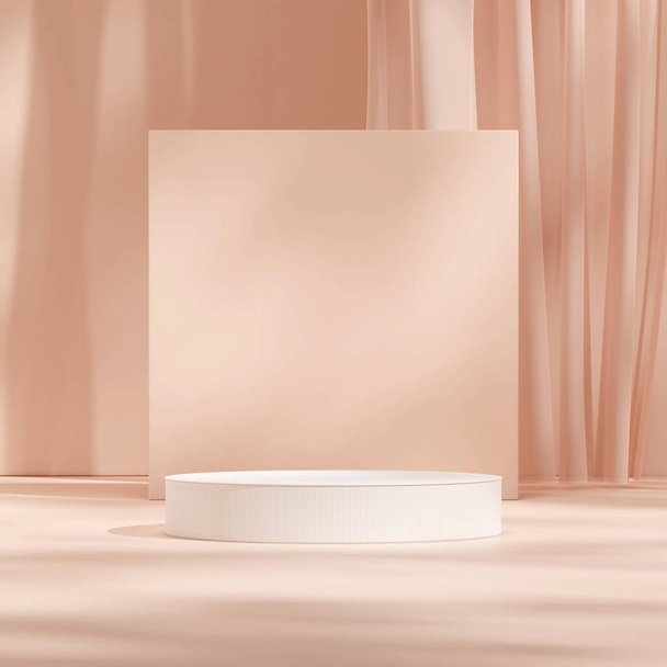 Сцена макет білого кольору циліндра подіум в квадраті з світло-коричневою завісою стіни 3d рендеринга
 - Фото, зображення