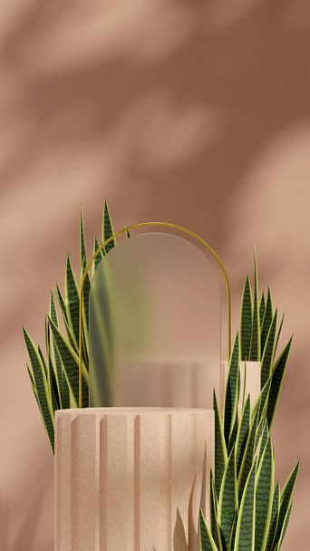 Scene mockup of natural terrazzo podium in portrait with gold glass arch snake plant 3d rendering - Foto, Imagem