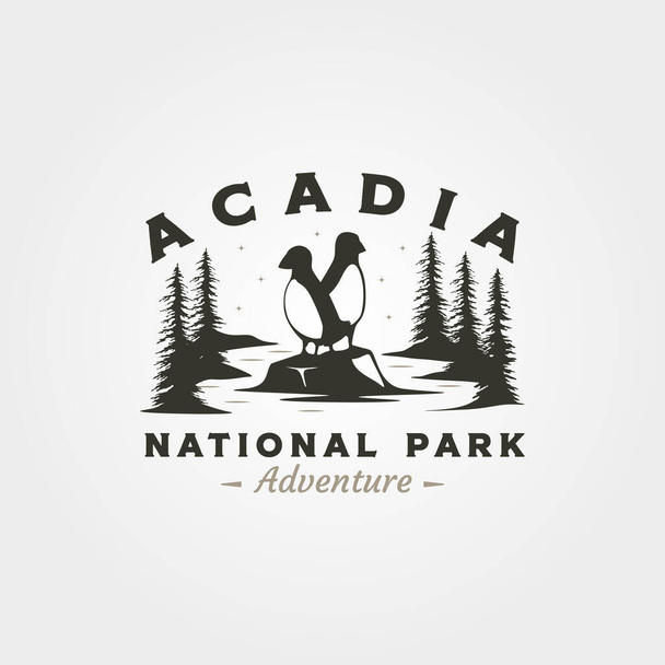 acadia národní park vintage logo vektorový symbol ilustrační design, puffin na kameni symbol - Vektor, obrázek