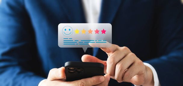 Service quality survey leading to business reputation ratings, smiley pop-up icons and five stars. Product and Service Satisfaction Survey, Customer Satisfaction Score. - Photo, Image