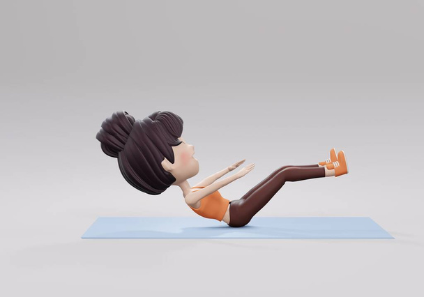 Renderização 3d. Mulher com V Sente-se Pose em um tapete de Yoga em uma aptidão - Foto, Imagem