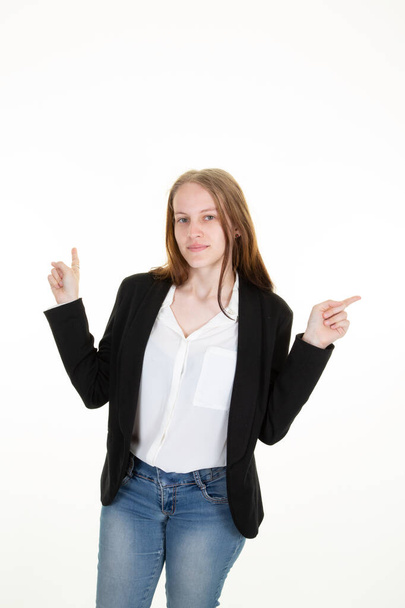 Beautiful young cute woman blonde smiling with finger pointing up and looking on white background - Φωτογραφία, εικόνα