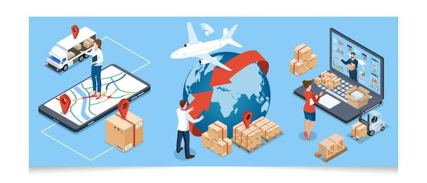 3D isometric Global logistics network concept with Transportation operation service, Export, Import, Cargo, Air, Road, Maritime delivery. Vector illustration EPS 10 - Vector, Image