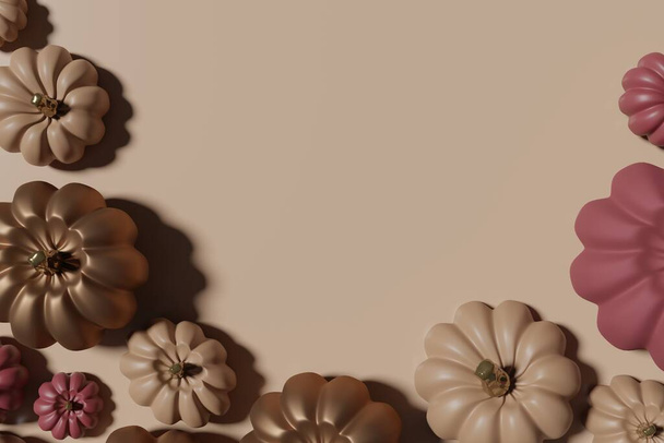 3d render of mauve, beige and brown pumpkins border on a beige background for your Halloween project - Zdjęcie, obraz