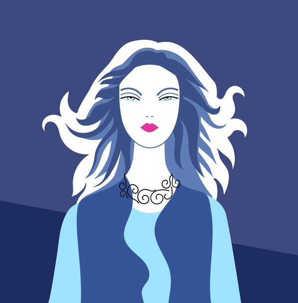 Portrait of woman in denim jacket with long hair in backlight, flat style fashion illustration - Vector, Image