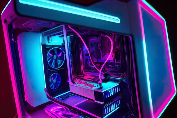 a illustration of a gaming pc with neon led - Photo, Image