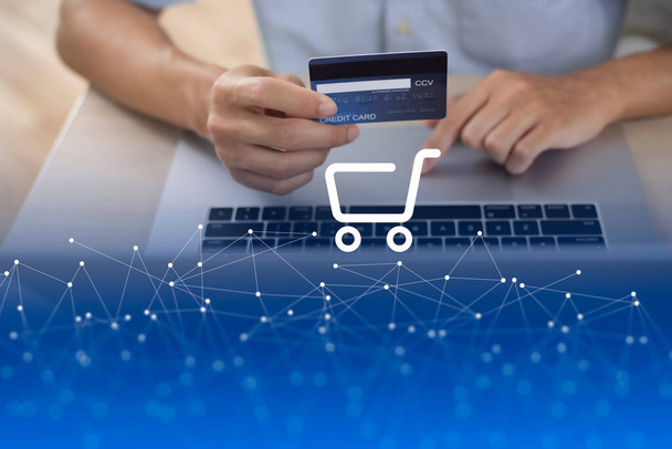 Online shopping concept through the internet and the use of currency exchange rates. Payment via digital wallet system and online transaction. The idea of shopping from anywhere in the world. - Фото, зображення