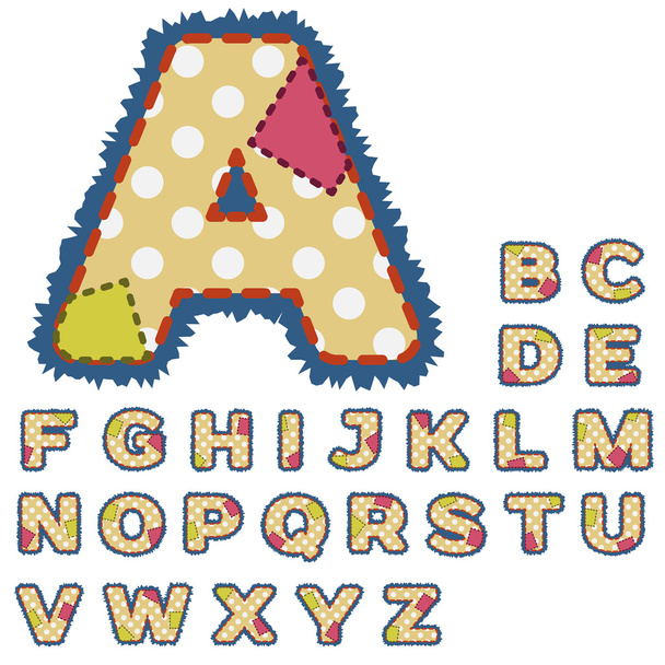 Alphabet im Patchwork-Design mit Stichen und Patches. - Vektor, Bild