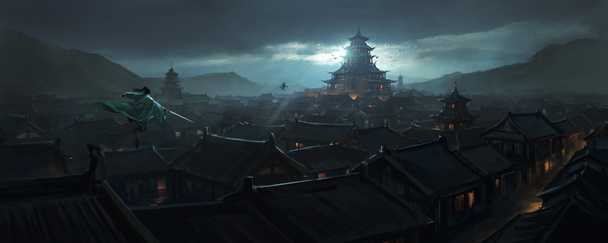 Swordsman in the ancient oriental city, 3D illustration. - Photo, Image